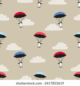 Flying penguin with parachute seamless pattern. Concept vector background