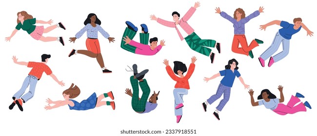 Flying people. Cartoon characters fly in sky and enjoy new sensation of weightlessness, dream and imagination. Vector isolated set of person character flying illustration