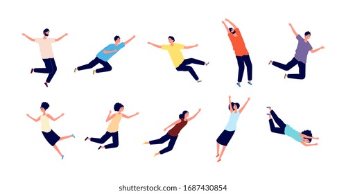 Flying people. Falling woman man. Dreams of persons, fly in air space. Floating pose, imagination and creativity character flight vector set
