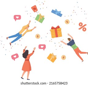 Flying people with gifts and discounts. Holiday sale concept isolated on white background