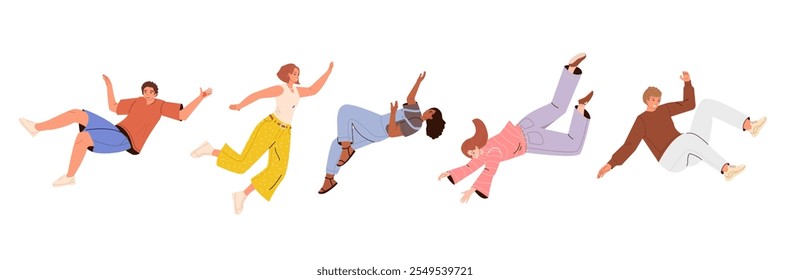 Flying people. Movement in air, falling young characters in different poses, hovering and soaring, happy guys and girls, vector cartoon flat set