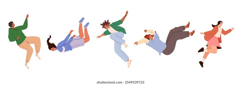 Flying people. Movement in air, falling young characters in different poses, hovering and soaring, happy guys and girls, vector cartoon flat set