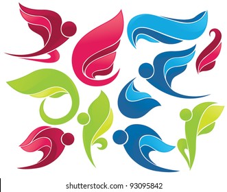 flying people and nature's wings, vector collection of symbols