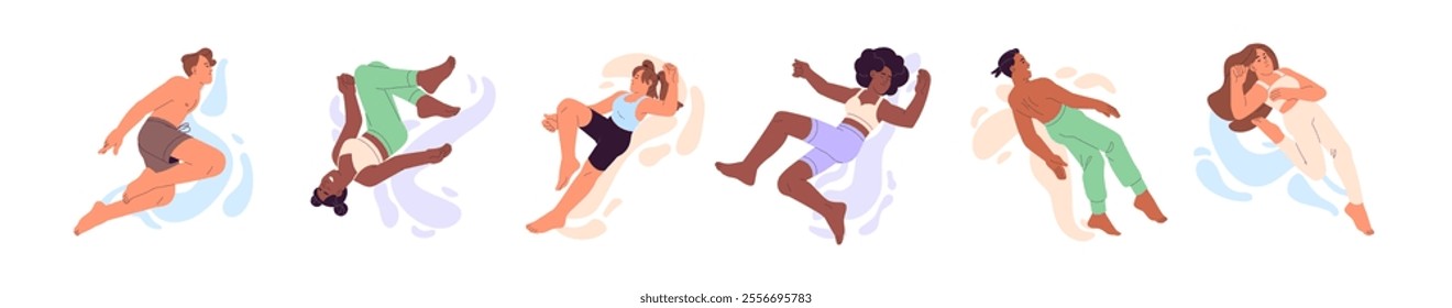 Flying people set. Diverse characters fly, move in air, soaring in zero gravity. Happy men and women free falling, floating in different poses. Flat isolated vector illustrations on white background