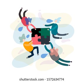 Flying peoplemake a puzzle together. Flat vector illustration about teamwork, brainstorming, creativity.
