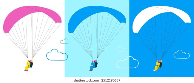 Flying person perform solo skydiving jump with parachute. Extreme sport activities. Modern flat vector illustration.