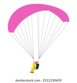 Flying person perform solo skydiving jump with parachute. Extreme sport activities. Modern flat vector illustration.