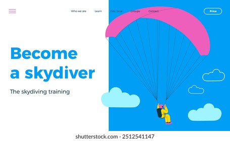 Flying person perform solo skydiving jump with parachute. Extreme sport activities. Modern flat vector illustration. Become a skydiver. Landing page and website banner template.