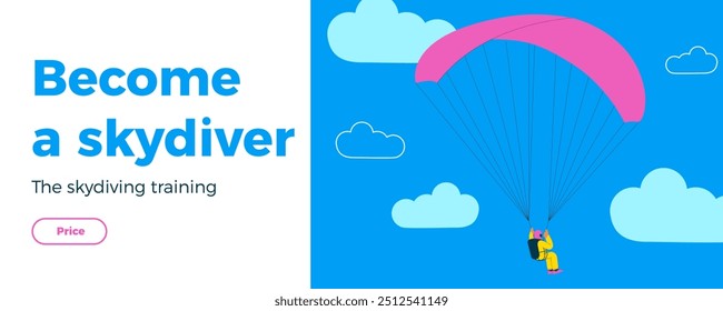 Flying person perform solo skydiving jump with parachute. Extreme sport activities. Modern flat vector illustration. Become a skydiver. Landing page and website banner template.