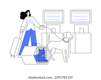 Flying with a pet abstract concept vector illustration. Woman with dog at the airport, airway transportation, commercial air transport, travelling with pets together abstract metaphor.