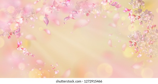 Flying petals on spring background. Flowers and petals in the wind. Vector background with plum or cherry blossom
