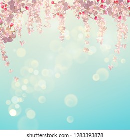 Flying petals on spring background. Flowers and petals in the wind. Vector background with plum or cherry blossom. Hanging flowers