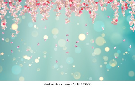 Flying petals on spring background. Flowers and petals in the wind. Vector background with plum or cherry blossom. Hanging flowers