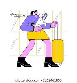 Flying with pets isolated cartoon vector illustrations. Smiling girl holding tickets and pet in hands, get ready for boarding in the airport, waiting for flight and vacation vector cartoon.