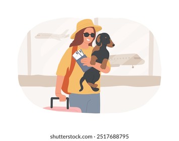 Voando com animais de estimação ilustrações isoladas do vetor de desenhos animados. Menina sorridente segurando bilhetes e animal de estimação em mãos, prepare-se para embarcar no aeroporto, esperando voo e férias vetor desenhos animados.