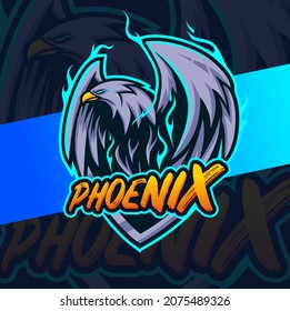 Flying Phoenix Eagle Bird With Blue Fire Mascot Character Esport Design For Gamer Team And Sport Logo Design