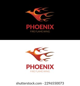 Flying phoenix with fire flame wing logo design
