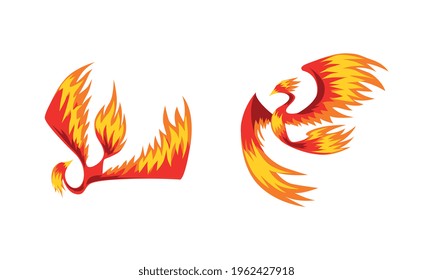 Flying Phoenix Firebirds Set, Mythical Bird, Creature of Slavic Folklore Vector Illustration