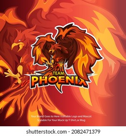 The flying phoenix flapped its wings of smoldering fire. Esports team logo. red bird logo