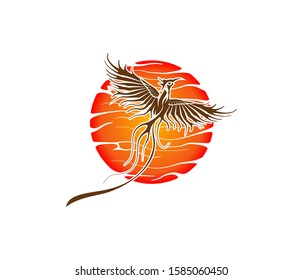 Flying phoenix and the moon. phoenix logo with hand drawn style.