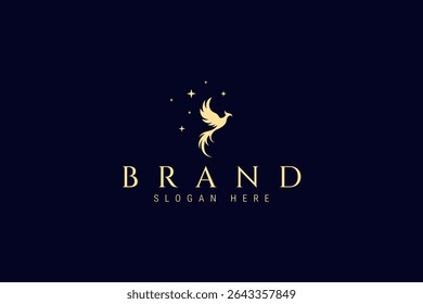 flying phoenix mythological bird logo in gold abstract vector design style