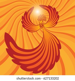 A flying phoenix in the rays of the sun. Vector illustration