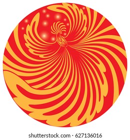 A flying phoenix in a red circle. Vector illustration