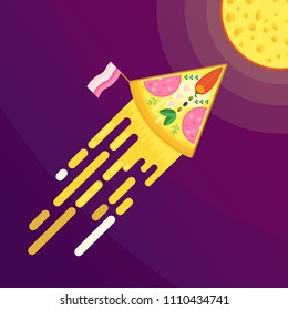 Flying piece of appetizing pizza like a rocket in space with melted flowing cheese. Fast delivery of hot food. Delicious filling with sausage and tomatoes. Flat vector cartoon objects.