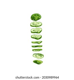 Flying pieces of fresh cucumbers. Vector vintage hatching color illustration. Isolated on white background. Hand drawn design