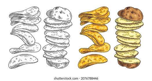 Flying pieces of fresh potato and chips. Vintage vector engrave color and monochrome illustration. Isolated on white background. Hand drawn design ink