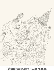 Flying pieces of pizza, tomatoes and other food are hand-drawn sketch contour.