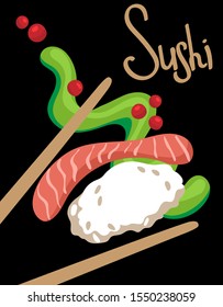 Flying pieces of sushi with wooden chopsticks, wasabi, red caviar, divided on a black background. Flying food and movement concept. japanese food sushi levitation.