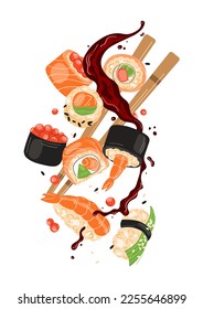 Flying pieces of sushi with wooden chopsticks, separated on a white background. vector
