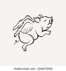 Flying pig angel vintage black and white illustration