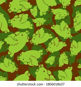 Flying pig army pattern seamless. piglet with wings Military background. Soldier's and hunting  Green ornament. vector texture