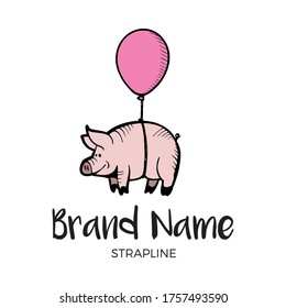 Flying Pig With Balloon. Vector Logo Design