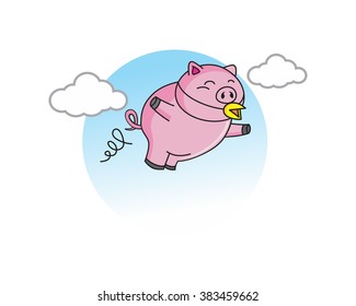 flying pig in the blue cloudy sky mascot cartoon character