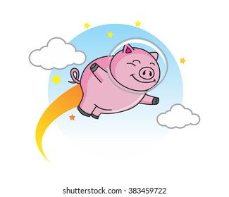 flying pig in the blue cloudy sky mascot cartoon character