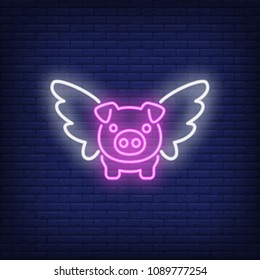 Flying pig cartoon character. Neon sign element. Night bright advertisement. Vector illustration for restaurant, cafe, diner, menu, advertising design