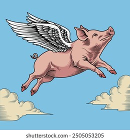 Flying pig classic mascot vector the Concept of Isolated Technology. Flat Cartoon Style Suitable for Landing Web Pages,T shirt, Flyers, Stickers