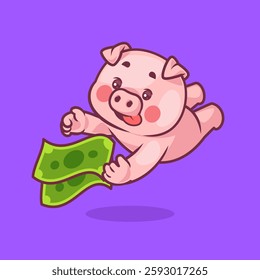 Flying pig holding green cash on purple background, vector illustration