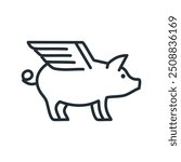 Flying pig icon illustration. Black and white line drawing of a pig with wings. The symbol represents freedom, creativity, and thinking outside the box.