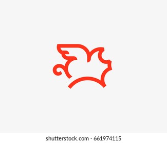 Flying Pig Line Vector Logotype. Creative Pork Grill Steak Wing Logo Design