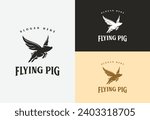 flying pig logo design vector illustration in vintage style