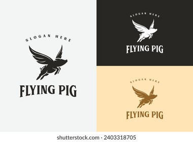 flying pig logo design vector illustration in vintage style