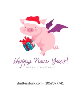 Flying pig in a New Year hat with a gift box. Happy New Year. Chinese symbol of the 2019 year. Excellent festive gift card. Vector illustration on white background.