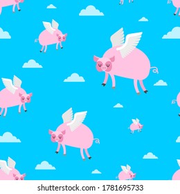 Flying pig pattern seamless. Piglet with wings background. Baby fabric texture. vector illustration