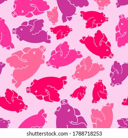 Flying pig pattern seamless. piglet with wings background. Baby fabric ornament. vector texture