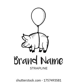 Flying pig tied to a balloon and floating above text. Vector logo design in black and white