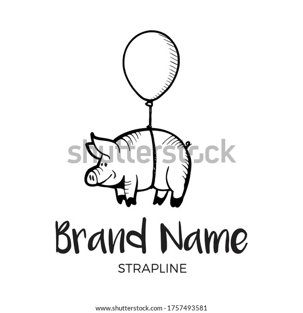 飛ぶ豚は気球に縛られている 白黒のベクター画像ロゴデザイン のベクター画像素材 ロイヤリティフリー